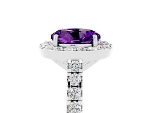 White gold Round Cut Halo Diamond Ring with Pavé Band and Three-Prong Setting_5