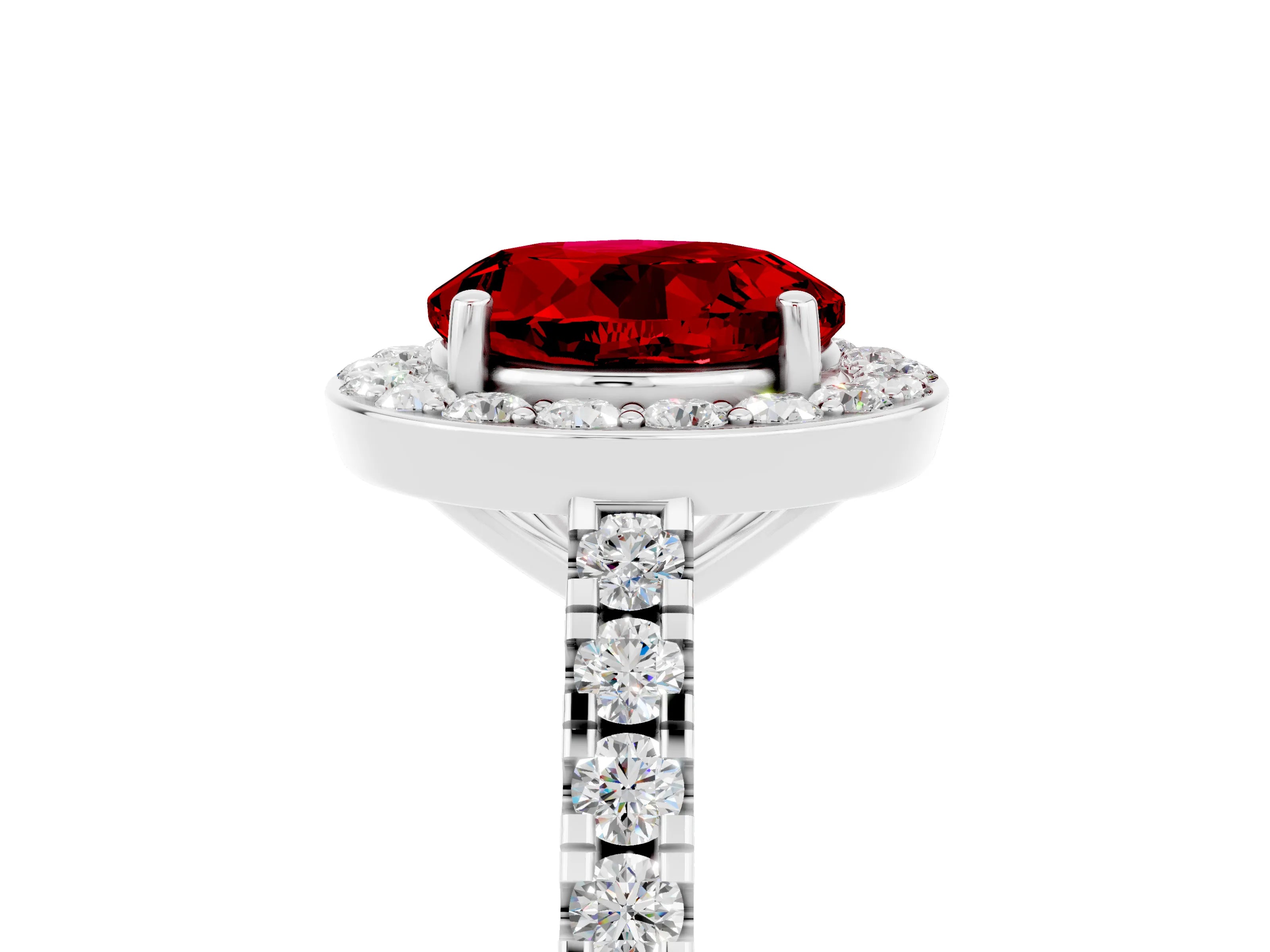 White gold Round Cut Halo Diamond Ring with Pavé Band and Three-Prong Setting_5