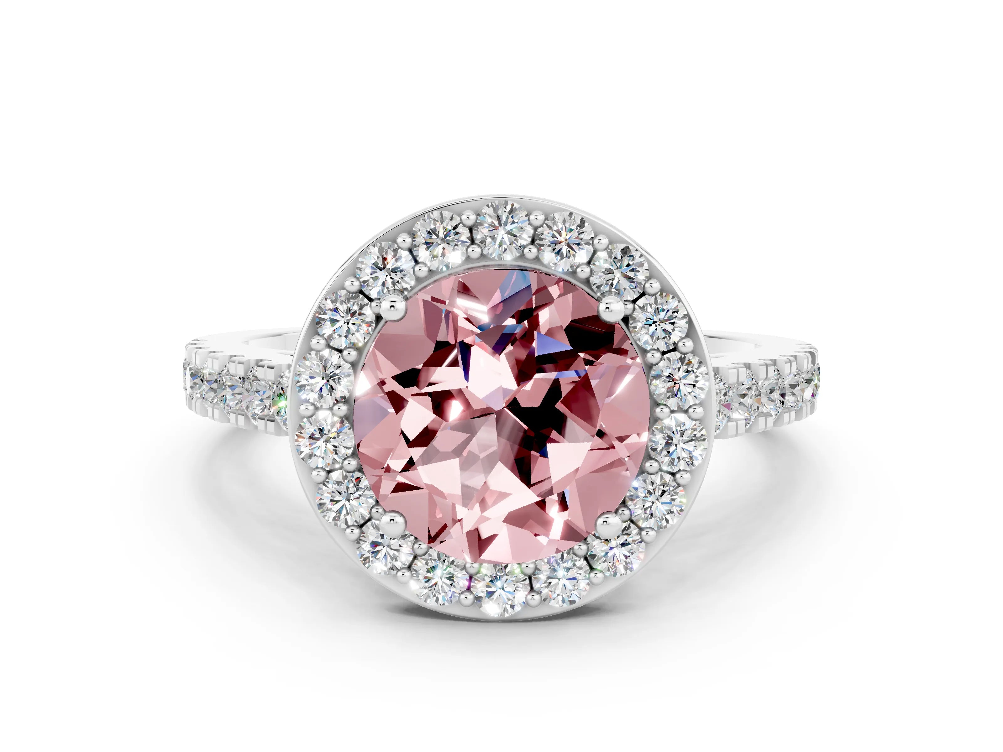 White gold Round Cut Halo Diamond Ring with Pavé Band and Three-Prong Setting
