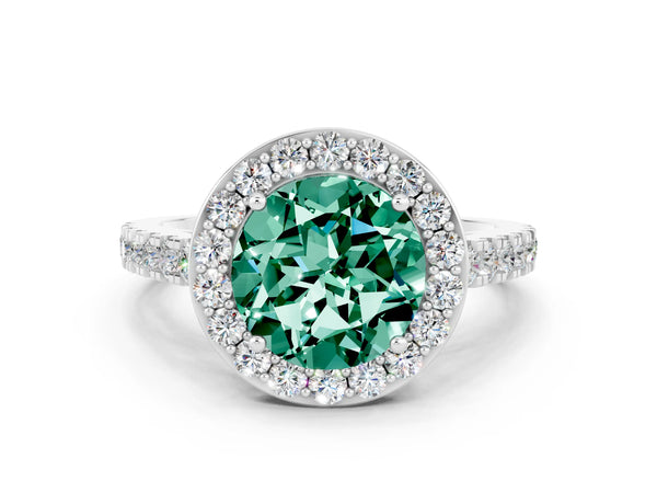 Silver Round Cut Green Sapphire Halo Ring with Round Pavé Split Shank and Prong Setting