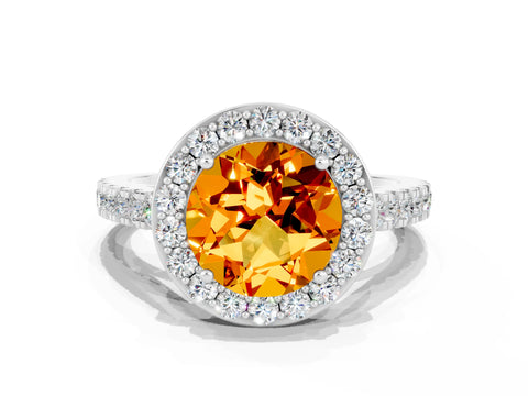 White gold Round Cut Halo Diamond Ring with Pavé Band and Three-Prong Setting_6