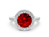 White gold Round Cut Halo Diamond Ring with Pavé Band and Three-Prong Setting