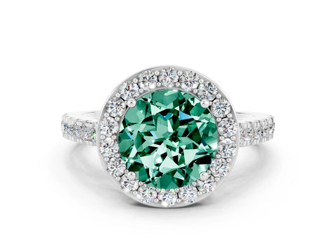 White gold Round Cut Halo Diamond Ring with Pavé Band and Three-Prong Setting