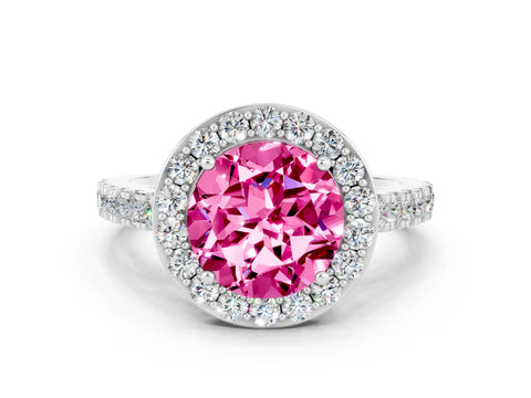 White gold Round Cut Halo Diamond Ring with Pavé Band and Three-Prong Setting