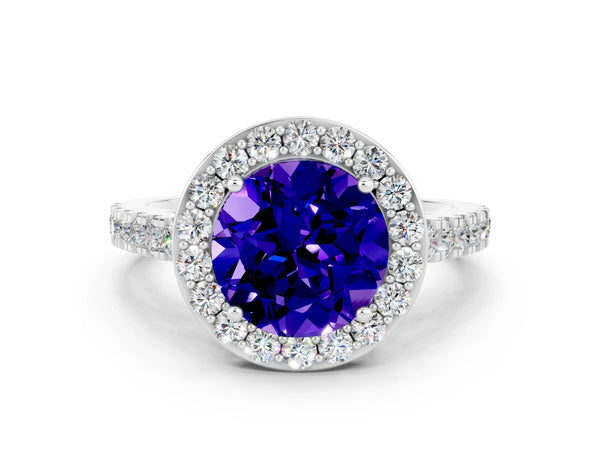 Silver Round Cut Tanzanite Halo Ring with Round Pavé Split Shank and Prong Setting