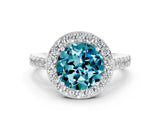 White gold Round Cut Halo Diamond Ring with Pavé Band and Three-Prong Setting