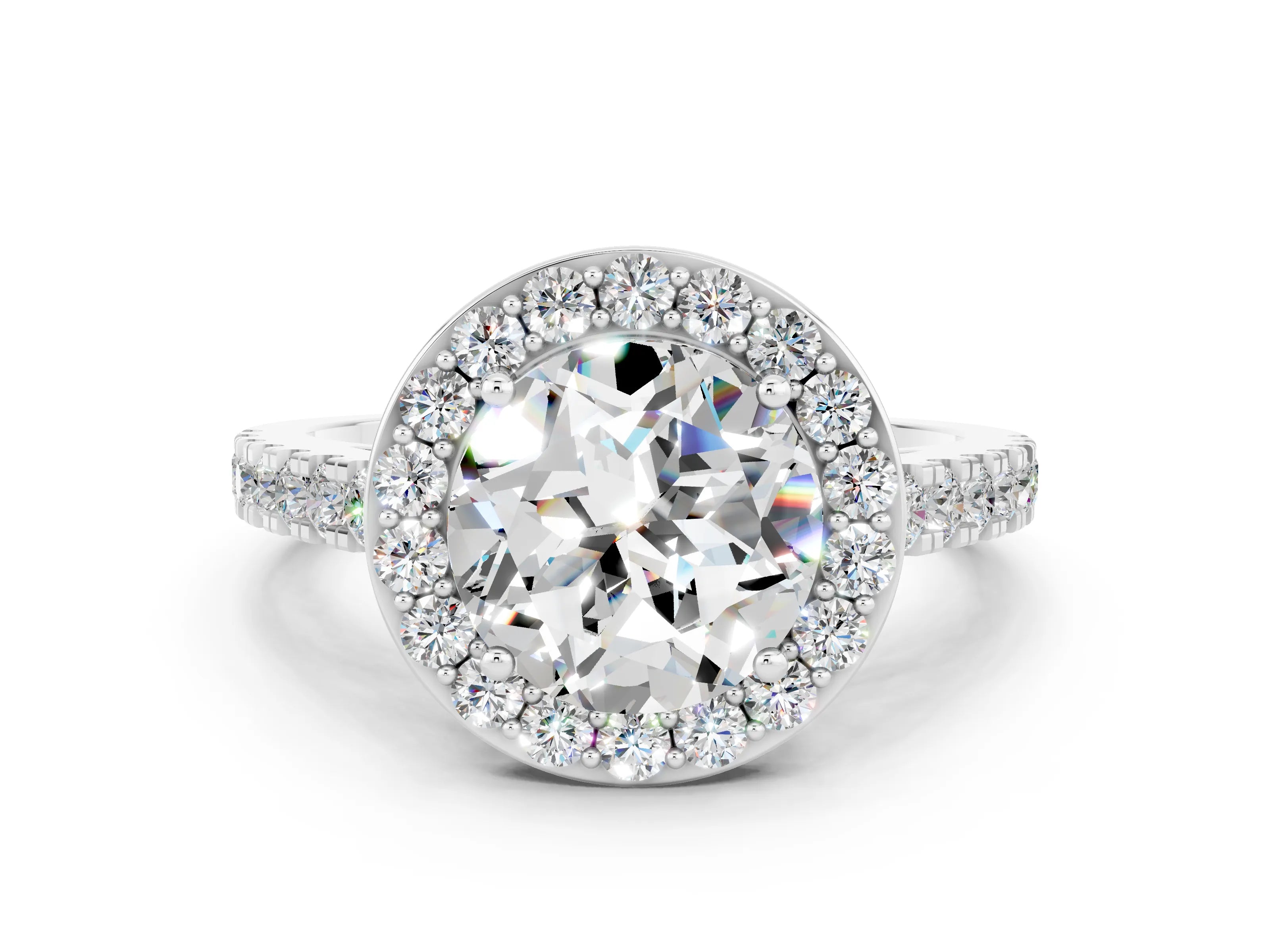 White gold Round Cut Halo Diamond Ring with Pavé Band and Three-Prong Setting