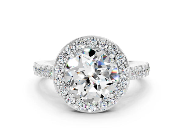 White gold Round Cut Moissanite Halo Ring with Round Pavé Split Shank and Prong Setting