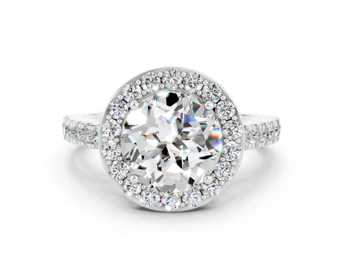 White gold Round Cut Halo Diamond Ring with Pavé Band and Three-Prong Setting