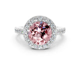 White gold Round Cut Halo Diamond Ring with Pavé Band and Three-Prong Setting