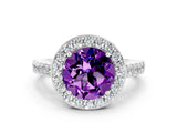 White gold Round Cut Halo Diamond Ring with Pavé Band and Three-Prong Setting