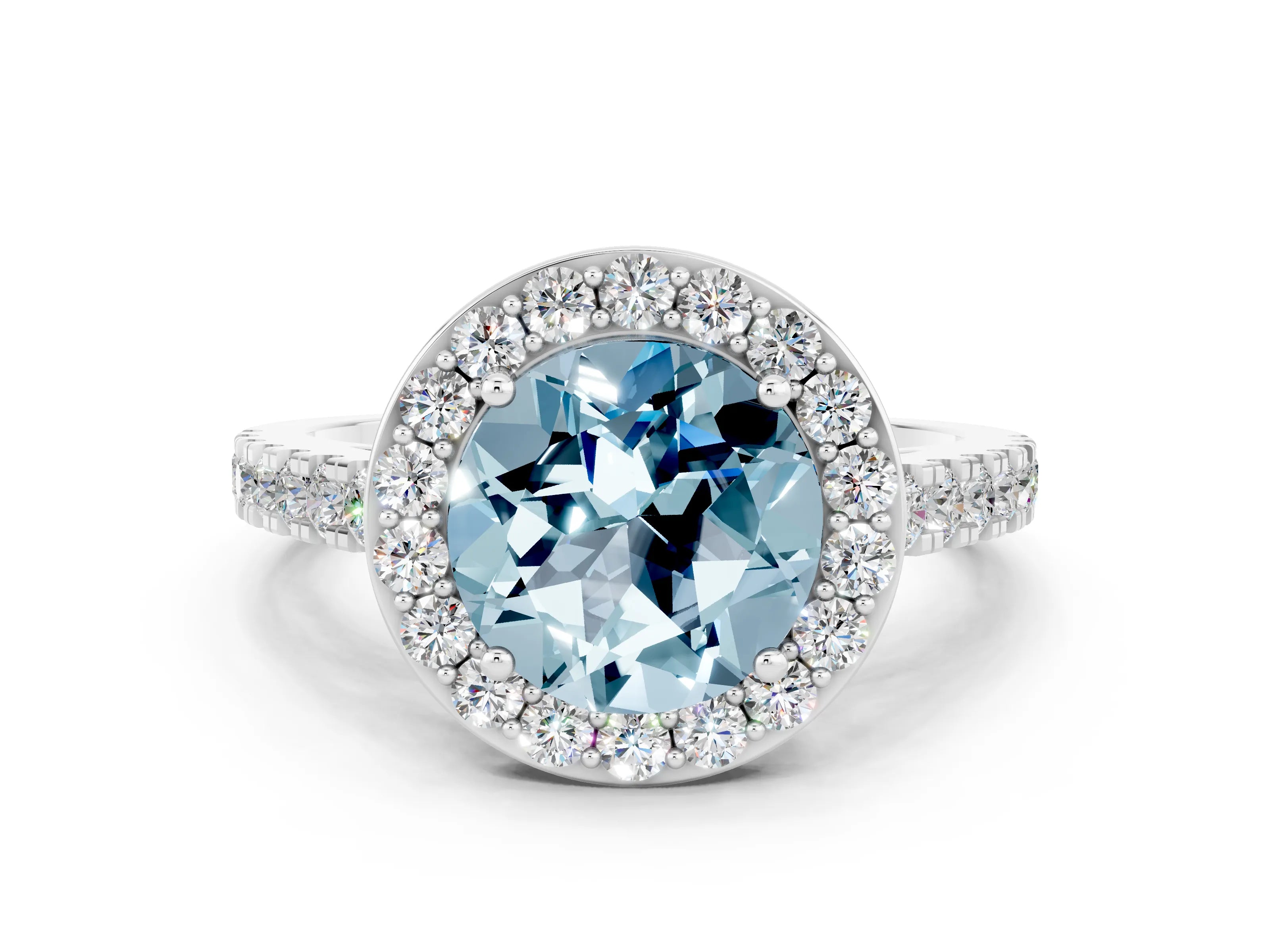 White gold Round Cut Halo Diamond Ring with Pavé Band and Three-Prong Setting