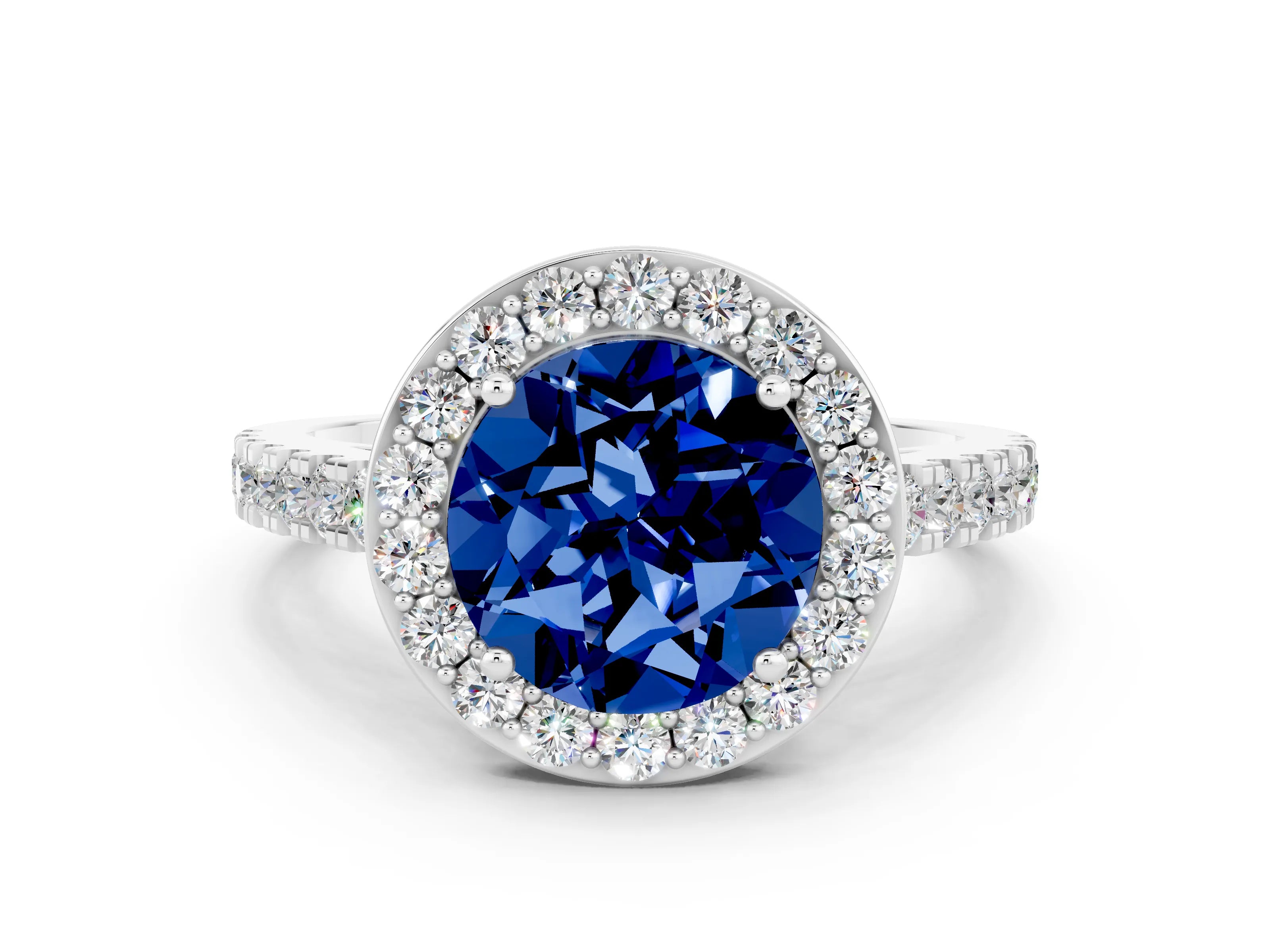 White gold Round Cut Halo Diamond Ring with Pavé Band and Three-Prong Setting