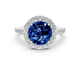 White gold Round Cut Halo Diamond Ring with Pavé Band and Three-Prong Setting