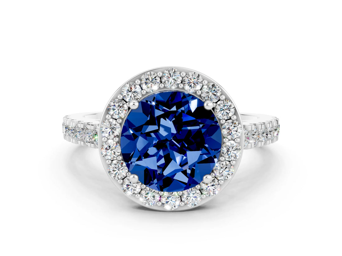 White gold Round Cut Halo Diamond Ring with Pavé Band and Three-Prong Setting