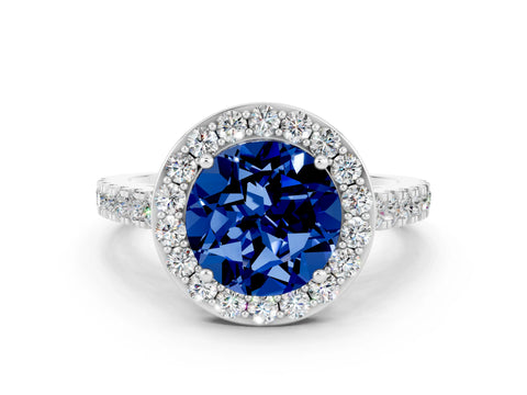 White gold Round Cut Halo Diamond Ring with Pavé Band and Three-Prong Setting