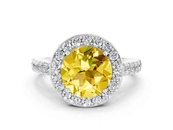 Platinum Round Cut Yellow Sapphire Halo Ring with Round Pavé Split Shank and Prong Setting