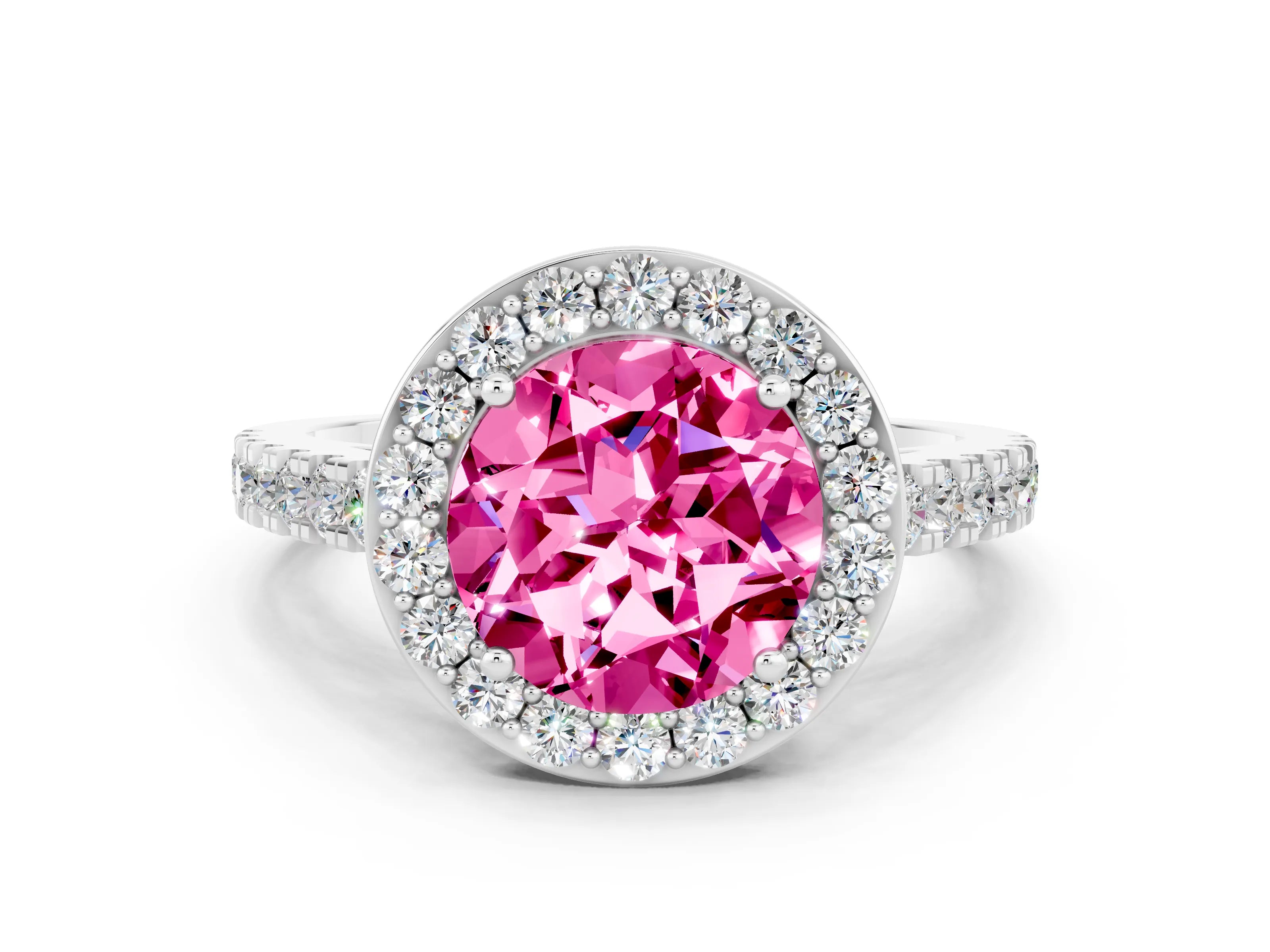 White gold Round Cut Halo Diamond Ring with Pavé Band and Three-Prong Setting