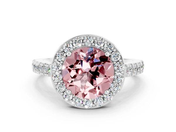 Platinum Round Cut Halo Diamond Ring with Pavé Band and Three-Prong Setting