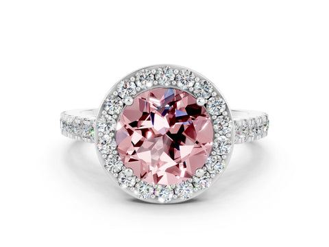 White gold Round Cut Halo Diamond Ring with Pavé Band and Three-Prong Setting