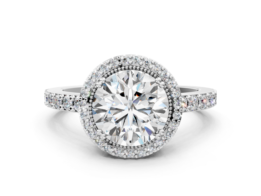 White gold Round Cut Halo Diamond Ring with Pave Band and Four-Prong Setting_49