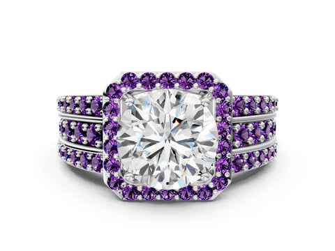 White gold Round Cut Halo Diamond Ring with Round with Amethyst side stone Split Shank and Prong Setting_24