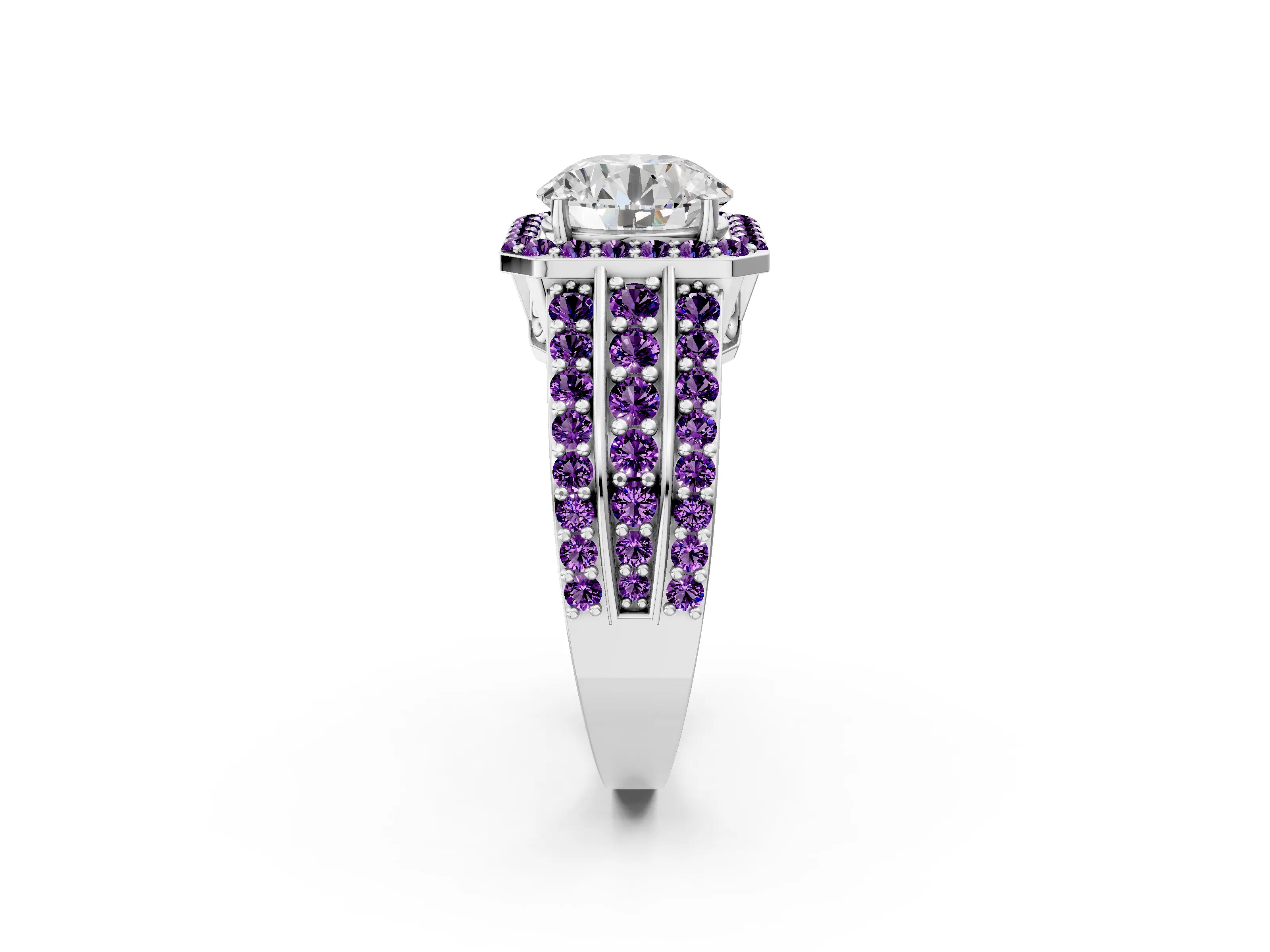 White gold Round Cut Halo Diamond Ring with Round with Amethyst side stone Split Shank and Prong Setting_26