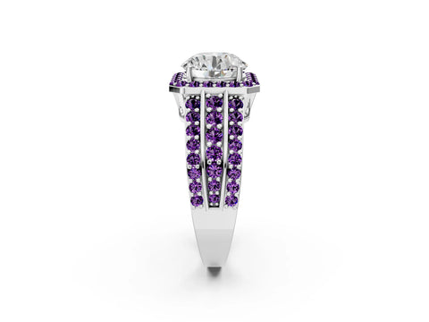 White gold Round Cut Halo Diamond Ring with Round with Amethyst side stone Split Shank and Prong Setting_26