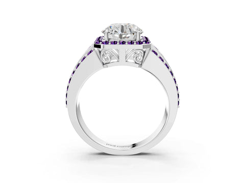 White gold Round Cut Halo Diamond Ring with Round with Amethyst side stone Split Shank and Prong Setting_27