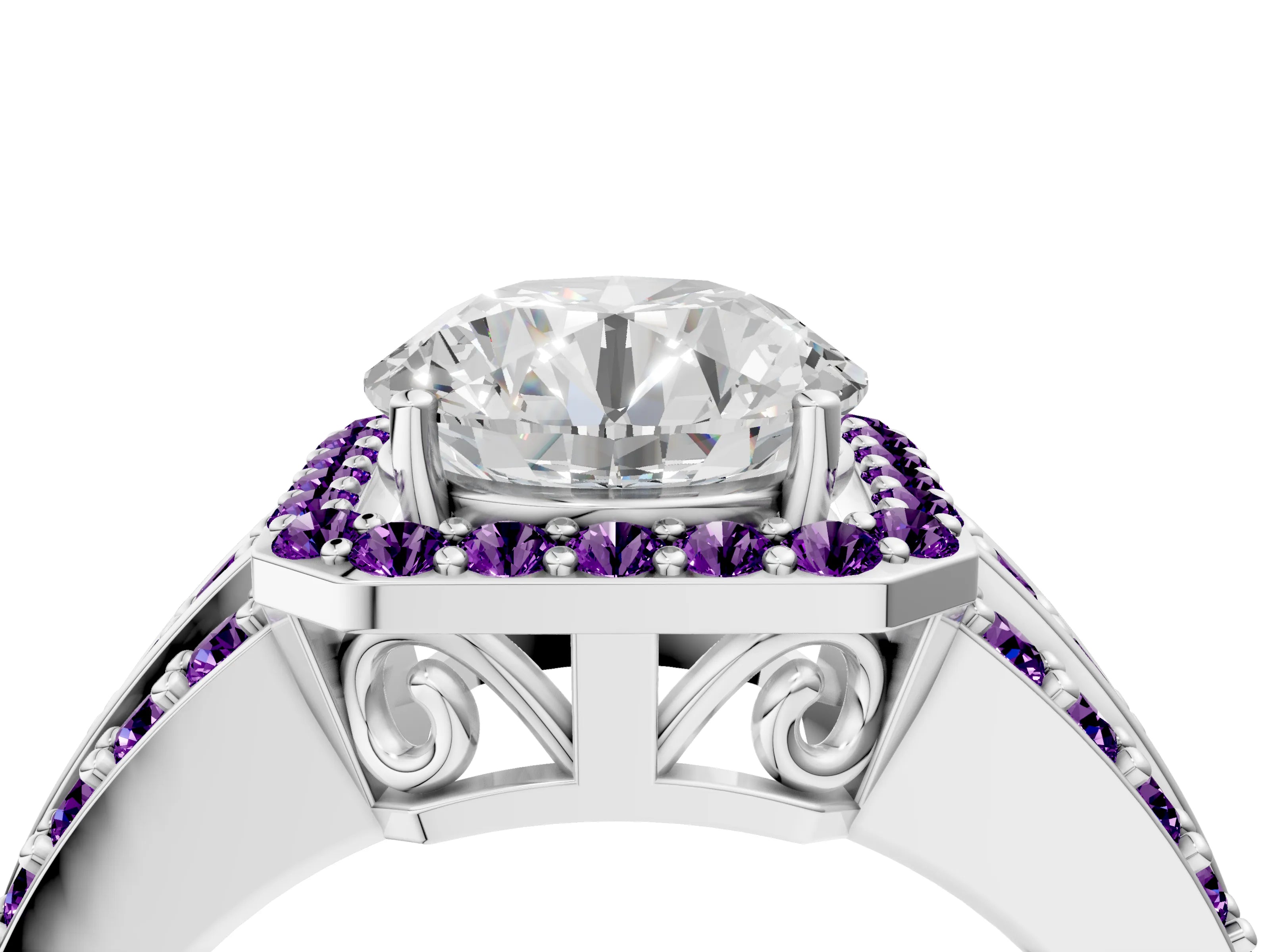 White gold Round Cut Halo Diamond Ring with Round with Amethyst side stone Split Shank and Prong Setting_28