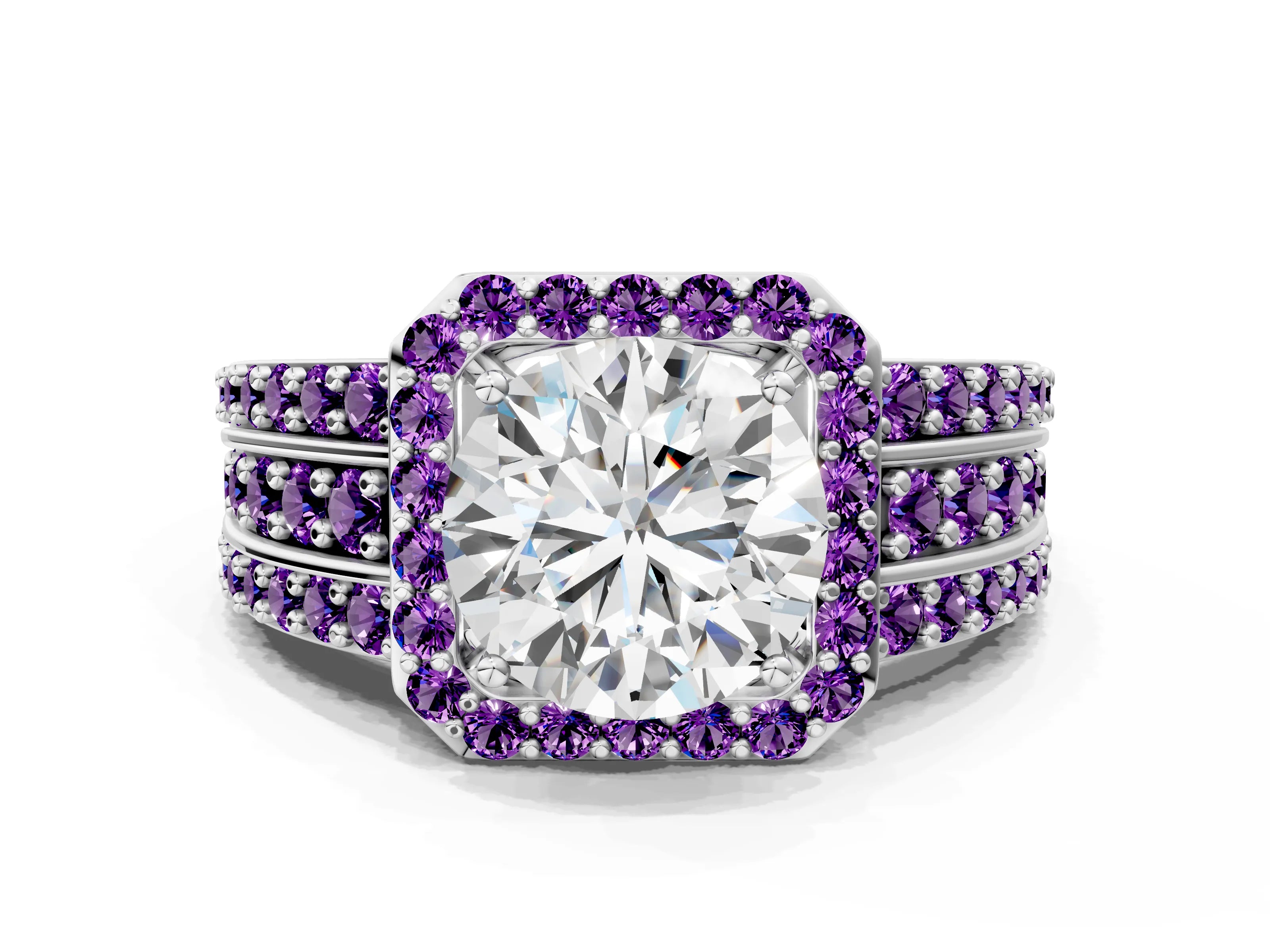 White gold Round Cut Halo Diamond Ring with Round with Amethyst side stone Split Shank and Prong Setting_30