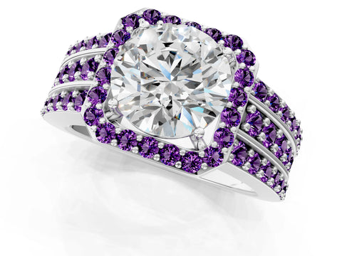 White gold Round Cut Halo Diamond Ring with Round with Amethyst side stone Split Shank and Prong Setting_31