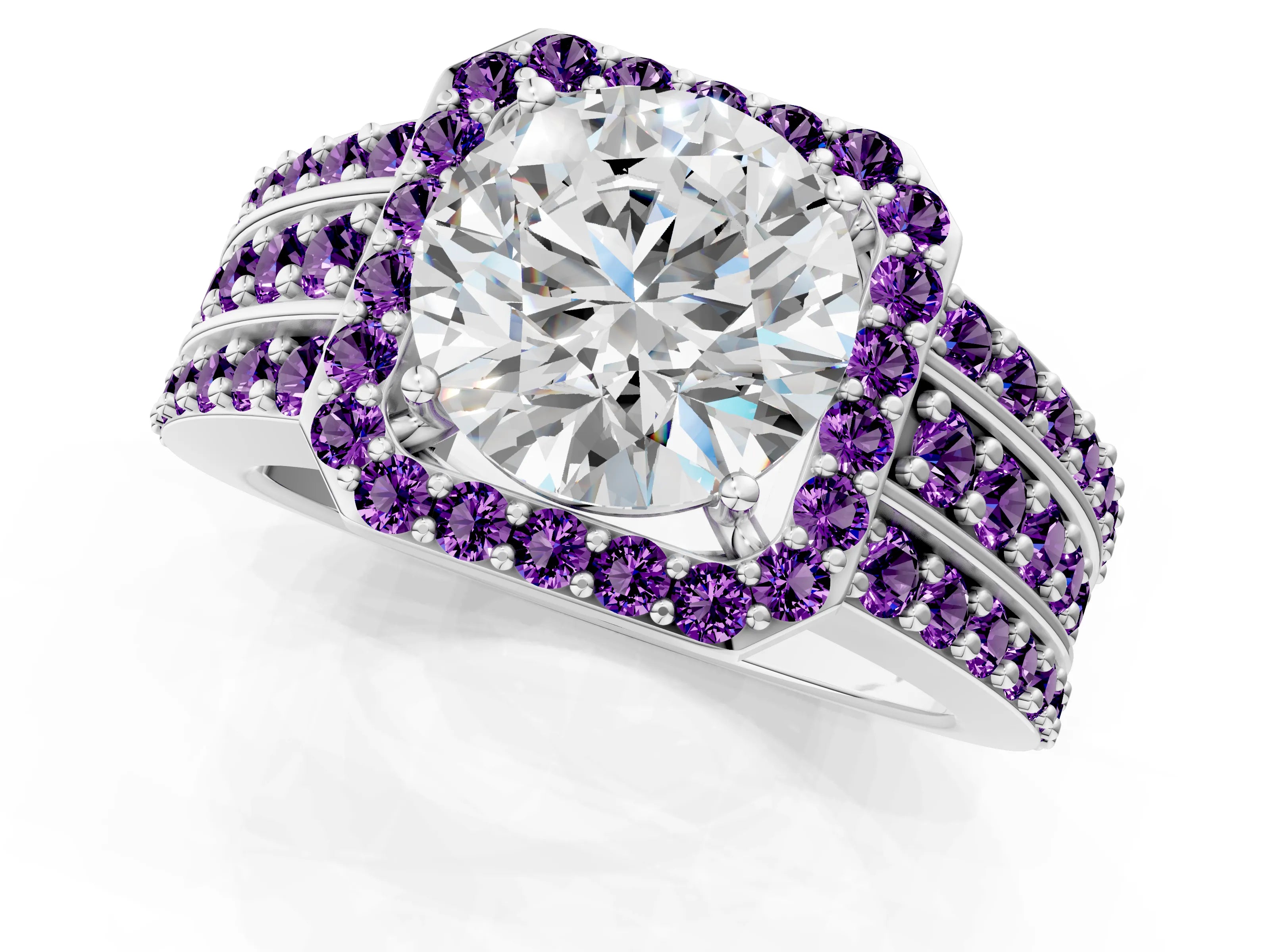 White gold Round Cut Halo Diamond Ring with Round with Amethyst side stone Split Shank and Prong Setting_31
