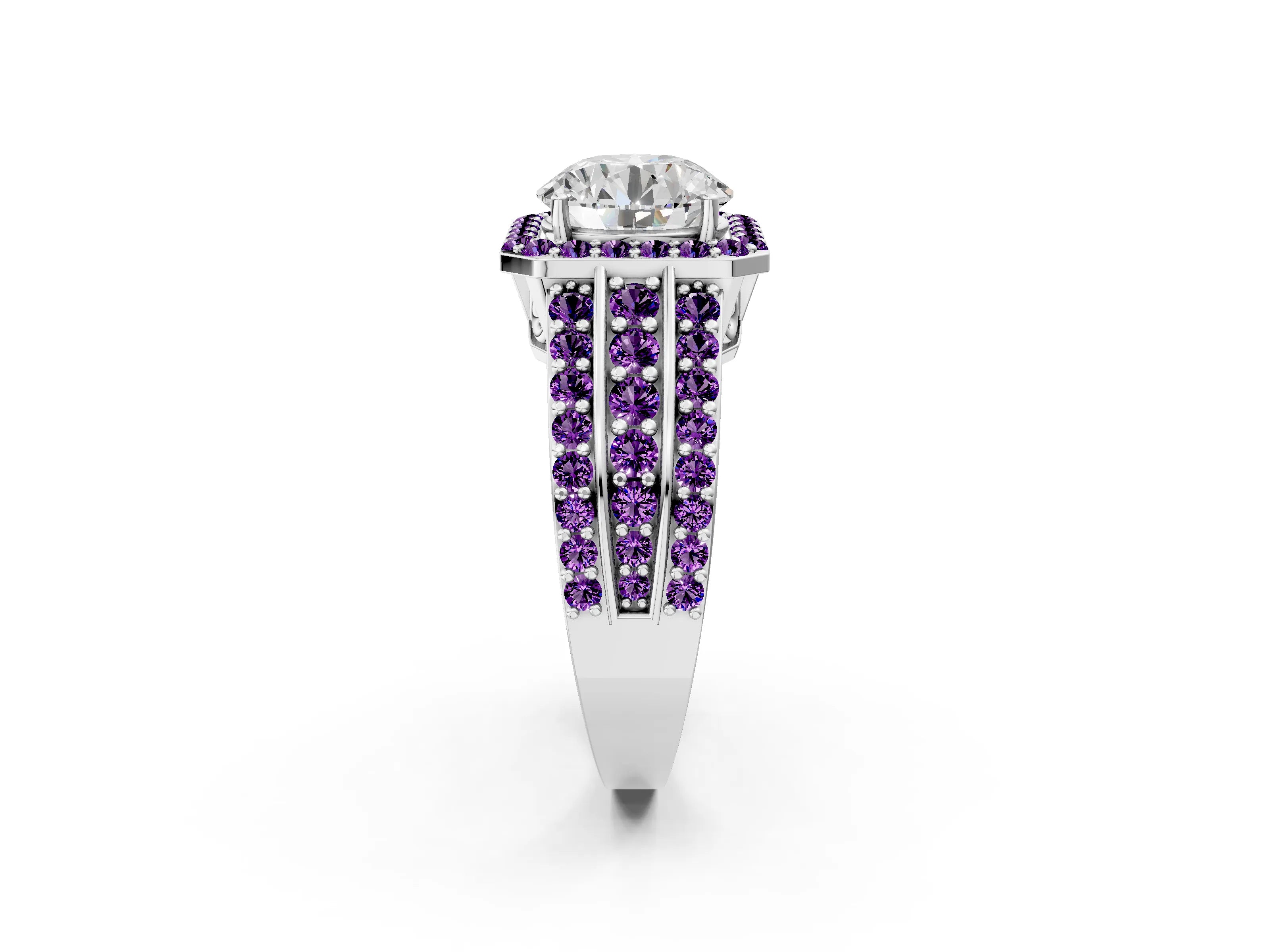 White gold Round Cut Halo Diamond Ring with Round with Amethyst side stone Split Shank and Prong Setting_32