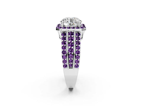 White gold Round Cut Halo Diamond Ring with Round with Amethyst side stone Split Shank and Prong Setting_32