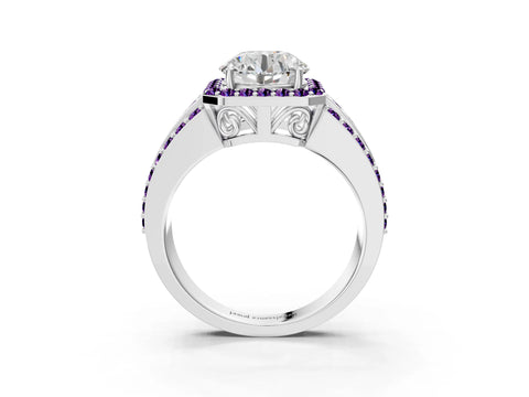White gold Round Cut Halo Diamond Ring with Round with Amethyst side stone Split Shank and Prong Setting_33