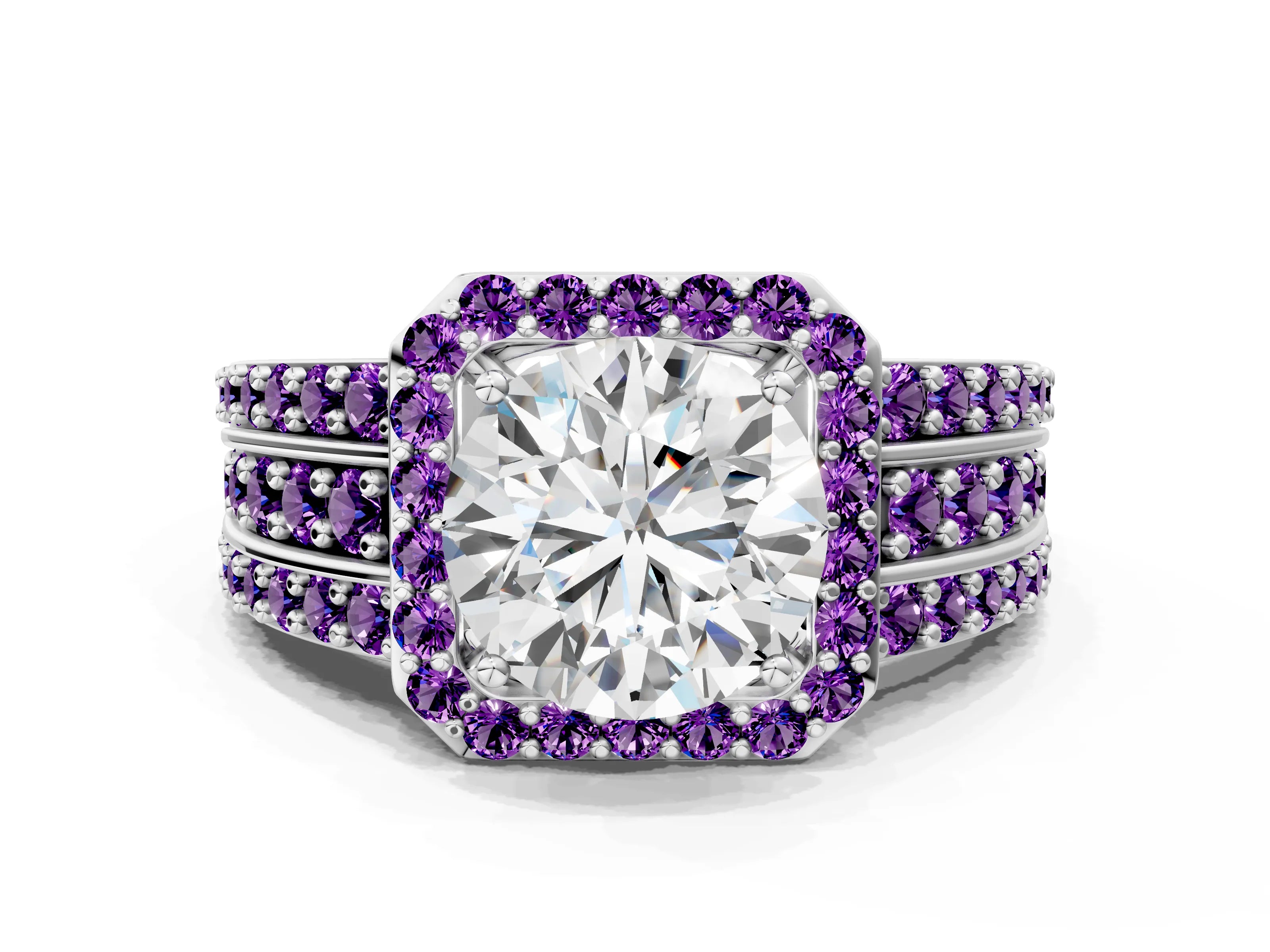 White gold Round Cut Halo Diamond Ring with Round with Amethyst side stone Split Shank and Prong Setting_342