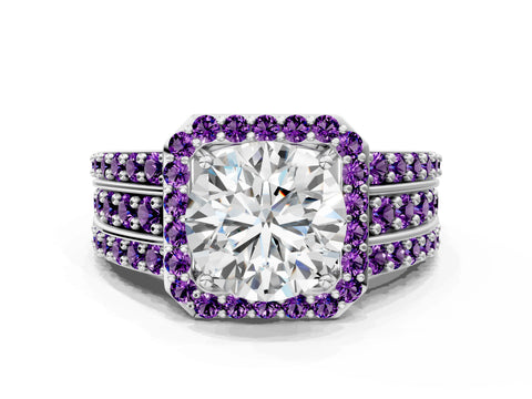 White gold Round Cut Halo Diamond Ring with Round with Amethyst side stone Split Shank and Prong Setting_342