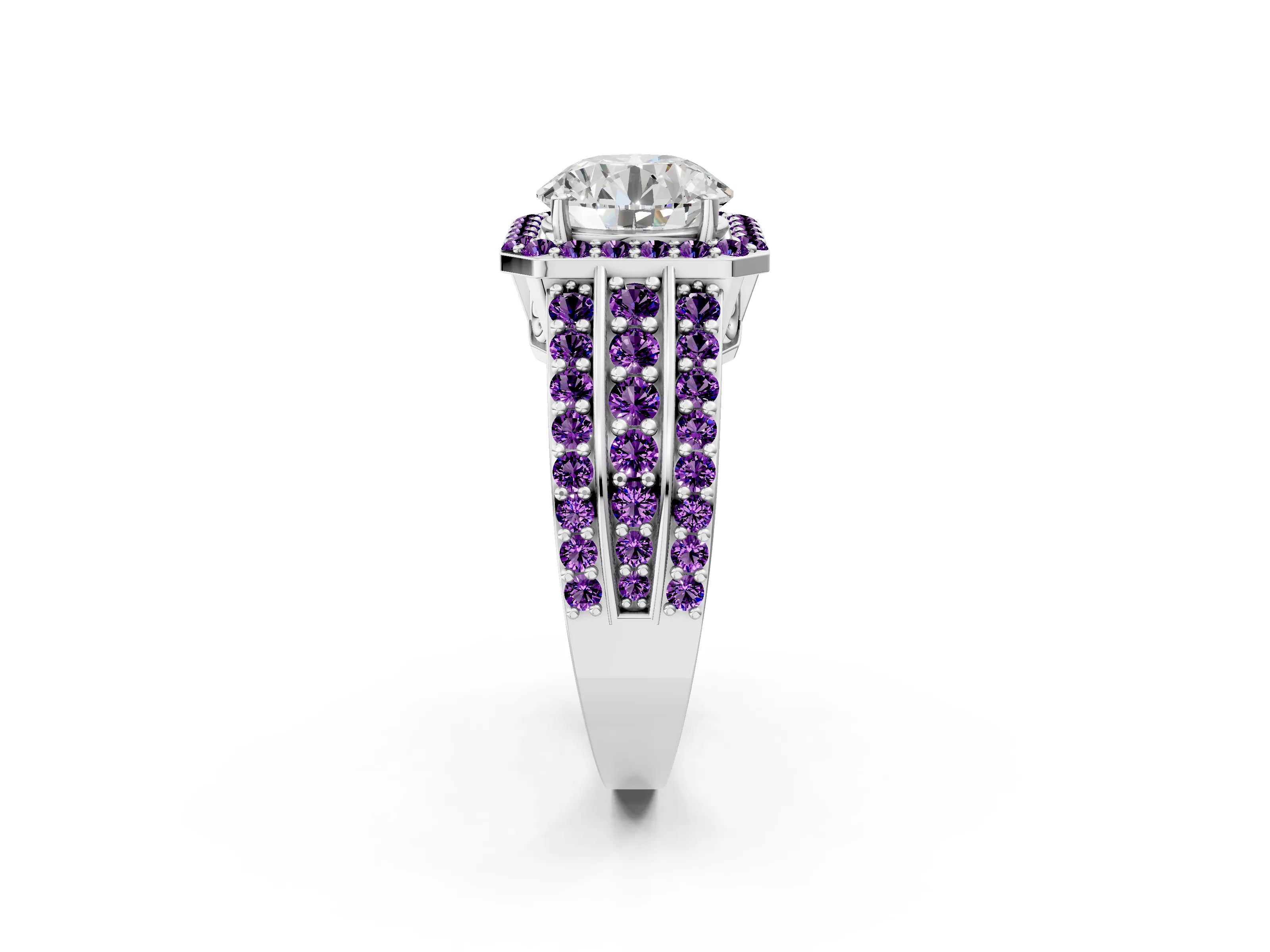 White gold Round Cut Halo Diamond Ring with Round with Amethyst side stone Split Shank and Prong Setting_344