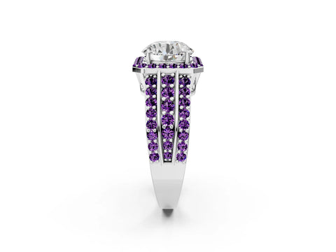 White gold Round Cut Halo Diamond Ring with Round with Amethyst side stone Split Shank and Prong Setting_344