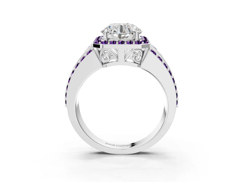 White gold Round Cut Halo Diamond Ring with Round with Amethyst side stone Split Shank and Prong Setting_345