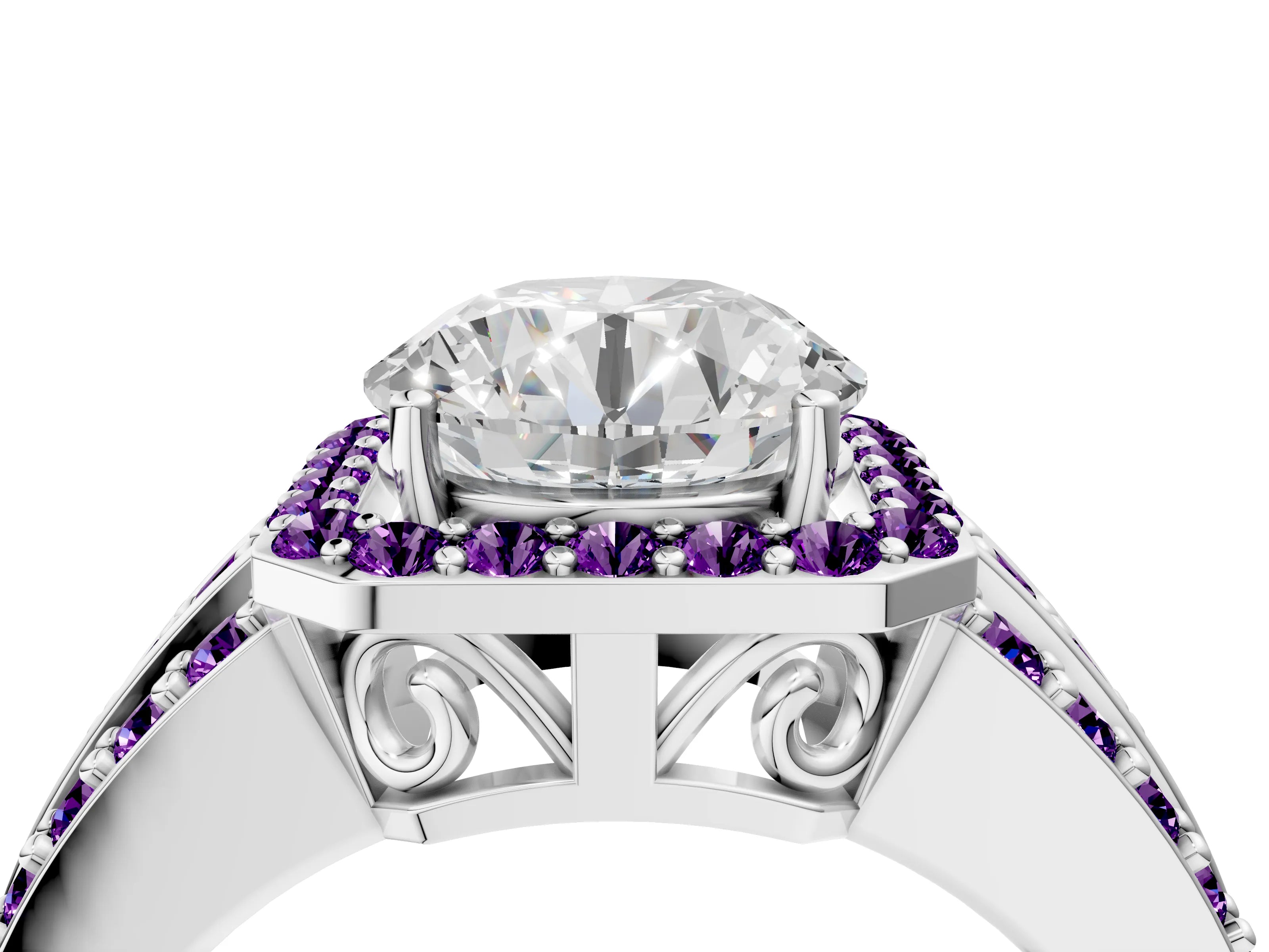 White gold Round Cut Halo Diamond Ring with Round with Amethyst side stone Split Shank and Prong Setting_346
