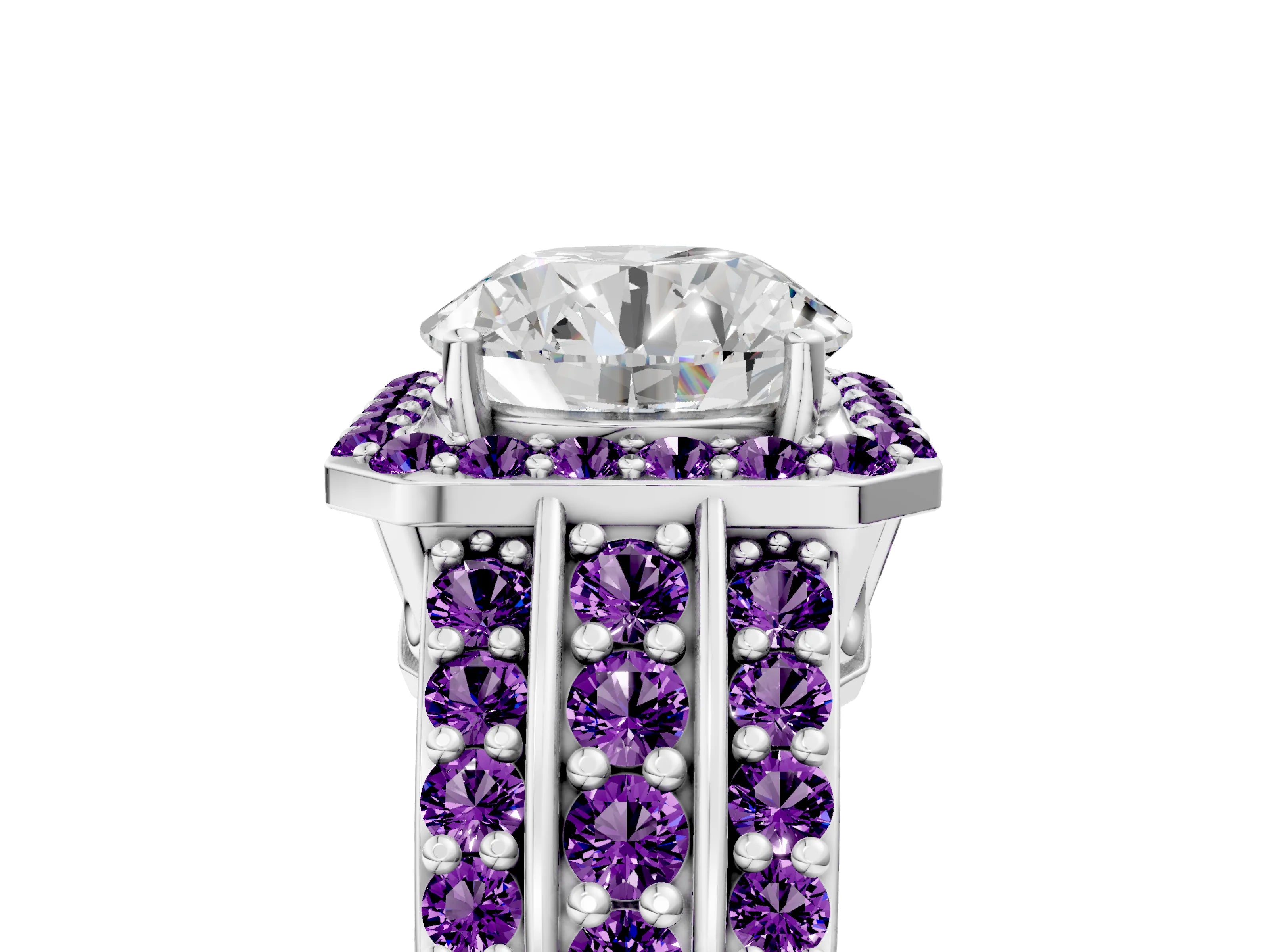 White gold Round Cut Halo Diamond Ring with Round with Amethyst side stone Split Shank and Prong Setting_347