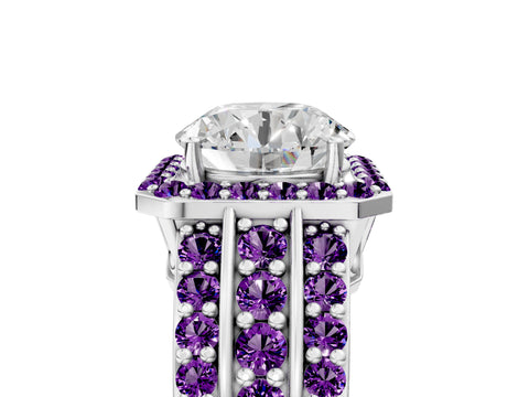 White gold Round Cut Halo Diamond Ring with Round with Amethyst side stone Split Shank and Prong Setting_347
