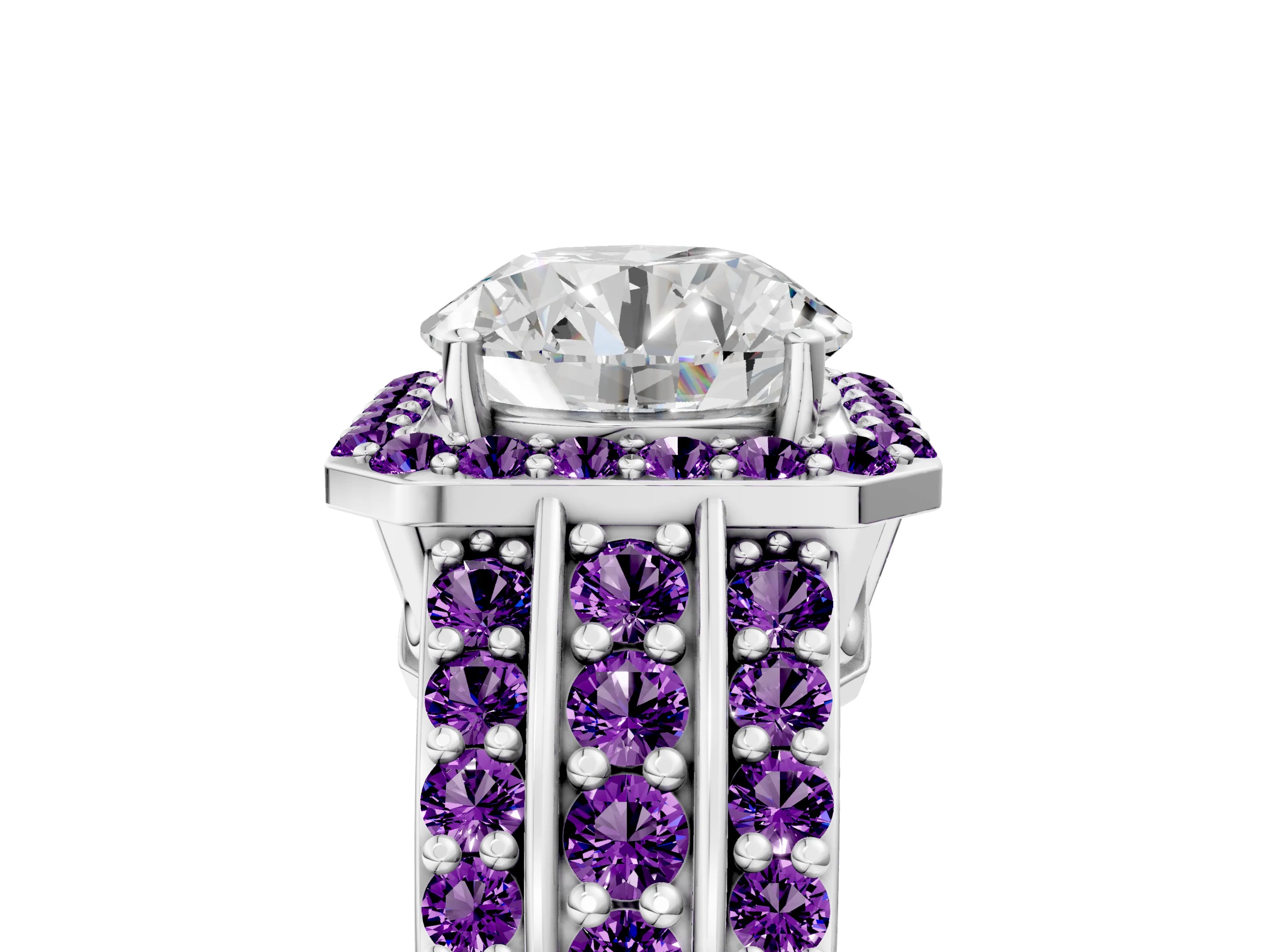 White gold Round Cut Halo Diamond Ring with Round with Amethyst side stone Split Shank and Prong Setting_35