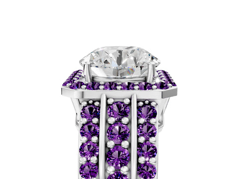 White gold Round Cut Halo Diamond Ring with Round with Amethyst side stone Split Shank and Prong Setting_35