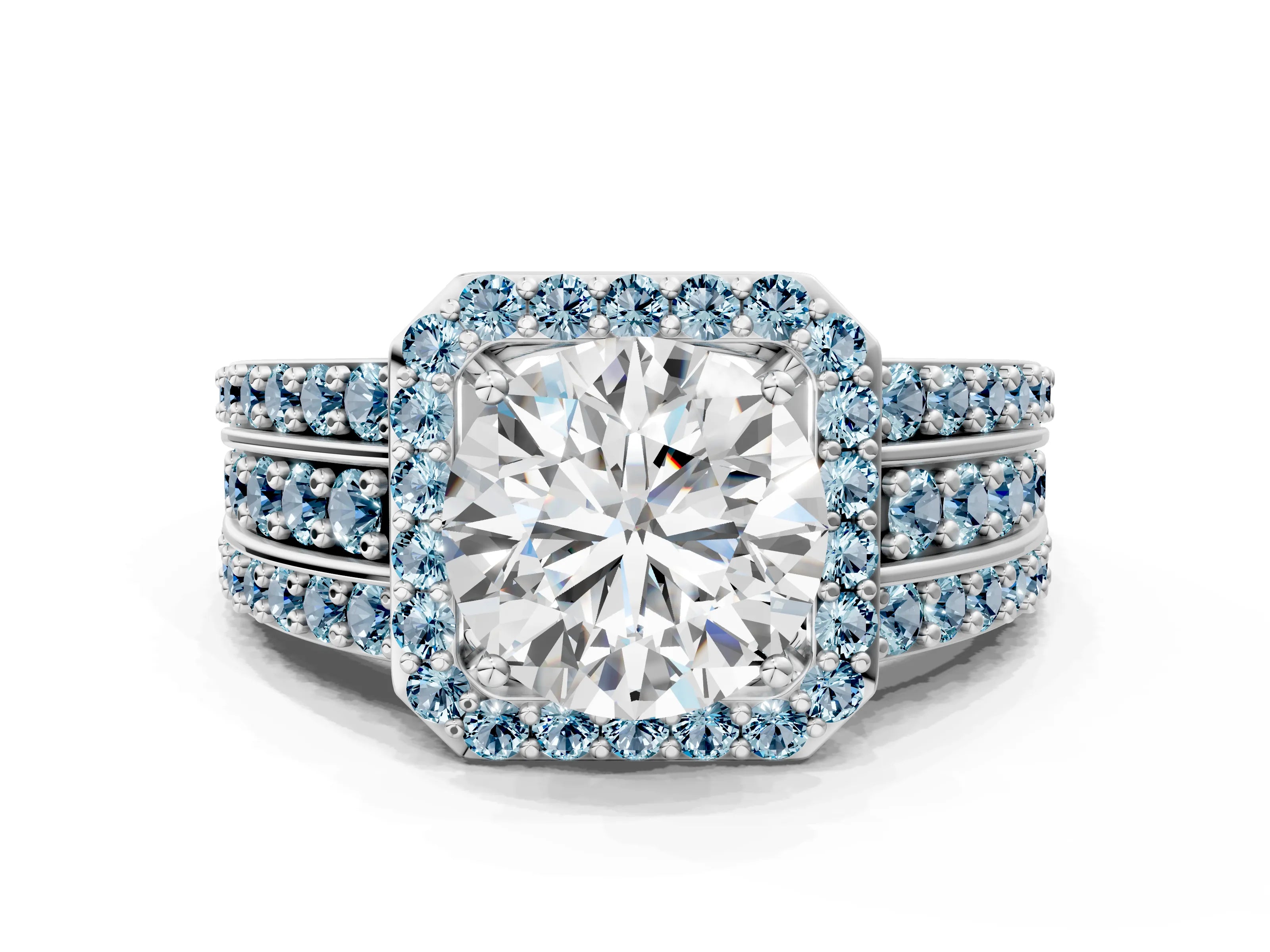 White gold Round Cut Halo Diamond Ring with Round with Aquamarine side stone Split Shank and Prong Setting_12