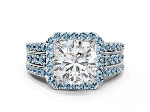 White gold Round Cut Halo Diamond Ring with Round with Aquamarine side stone Split Shank and Prong Setting_12