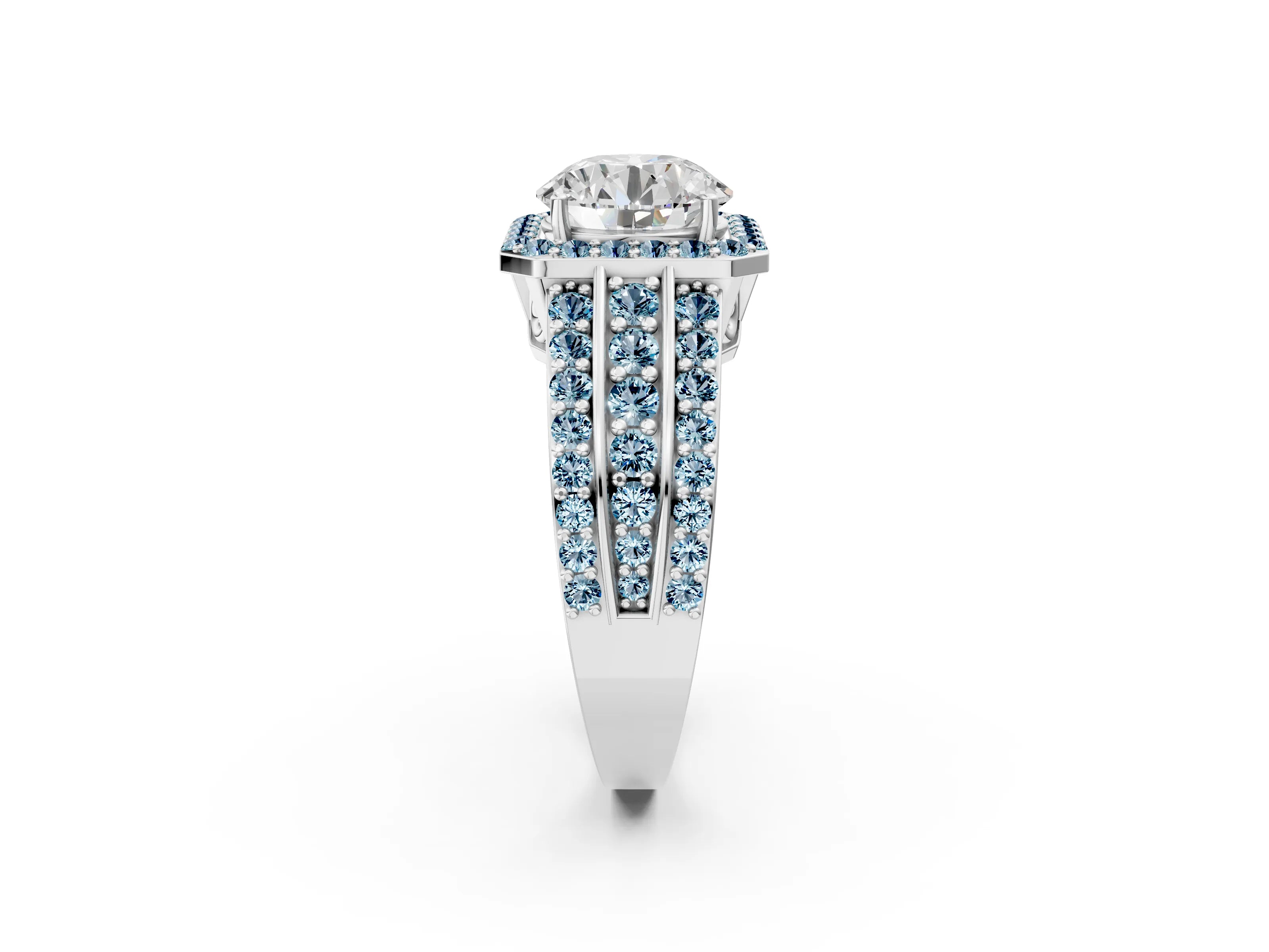 White gold Round Cut Halo Diamond Ring with Round with Aquamarine side stone Split Shank and Prong Setting_14