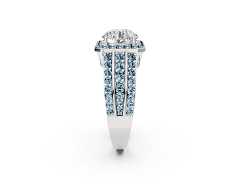 White gold Round Cut Halo Diamond Ring with Round with Aquamarine side stone Split Shank and Prong Setting_14